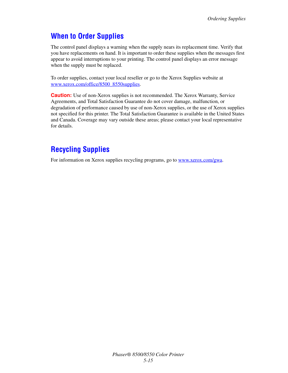 When to order supplies, Recycling supplies, When to order supplies -15 recycling supplies -15 | Xerox 8500/8550 User Manual | Page 106 / 145