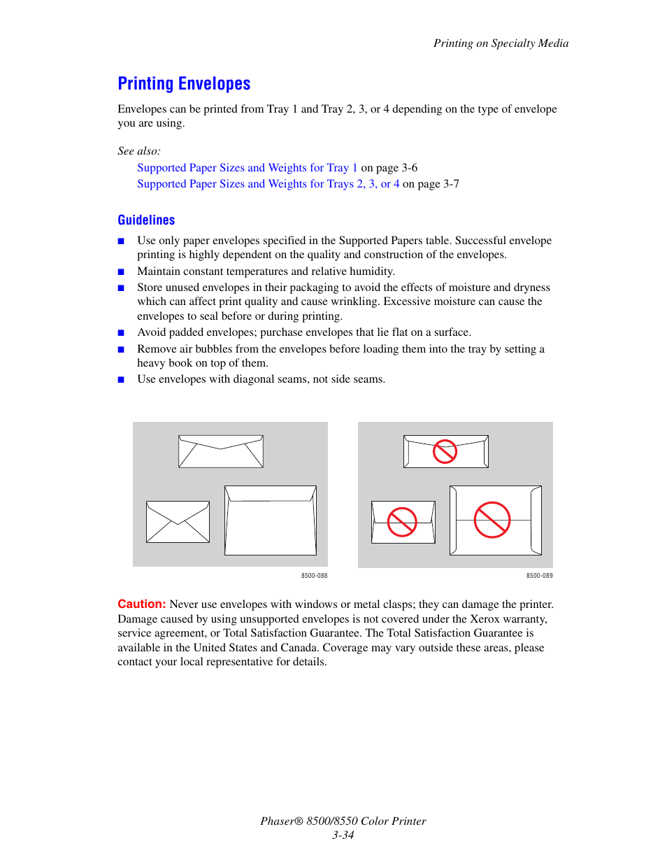 Printing envelopes, Printing envelopes -34 | Xerox 8500/8550 User Manual | Page 62 / 145