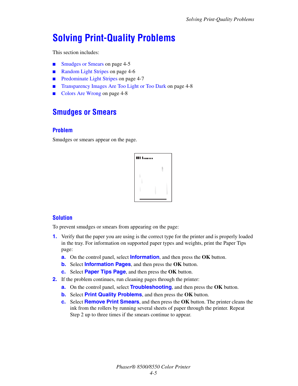 Solving print-quality problems, Smudges or smears, Solving print-quality problems -5 | Smudges or smears -5 | Xerox 8500/8550 User Manual | Page 88 / 145