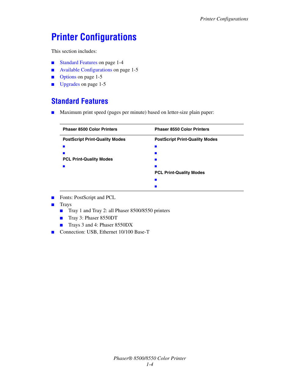 Printer configurations, Standard features, Printer configurations -4 | Standard features -4 | Xerox 8500/8550 User Manual | Page 9 / 145