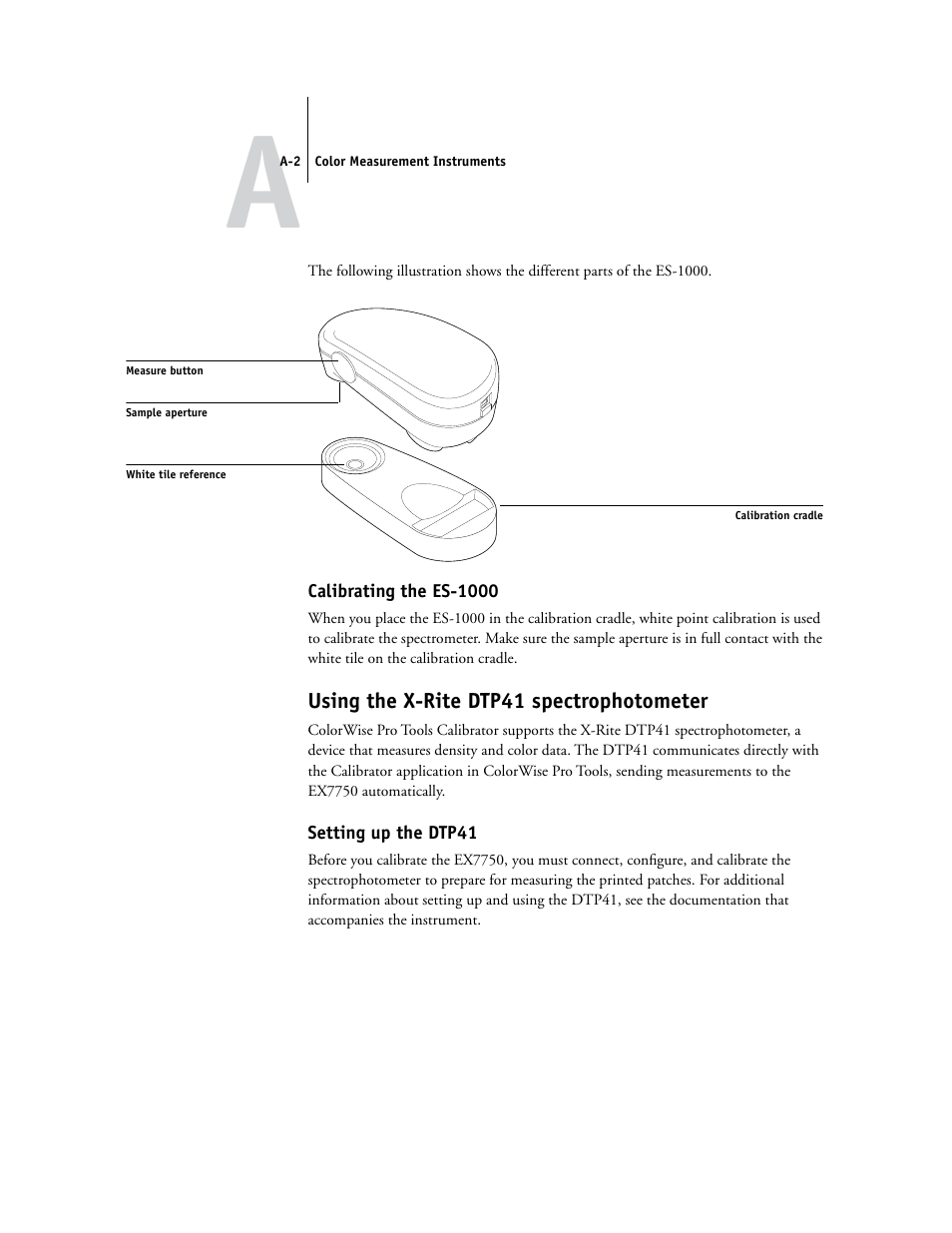 Calibrating the es-1000, Using the x-rite dtp41 spectrophotometer, Setting up the dtp41 | Xerox Phaser Printer EX7750 User Manual | Page 102 / 120