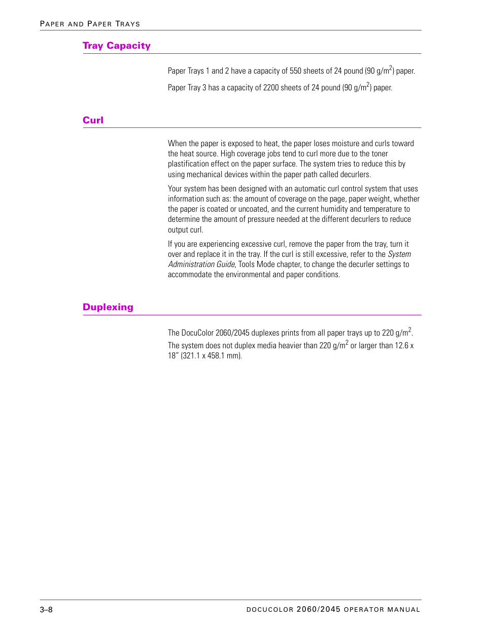 Tray capacity, Curl, Duplexing | Tray capacity –8, Curl –8, Duplexing –8 | Xerox DocuColor 2060 User Manual | Page 100 / 340