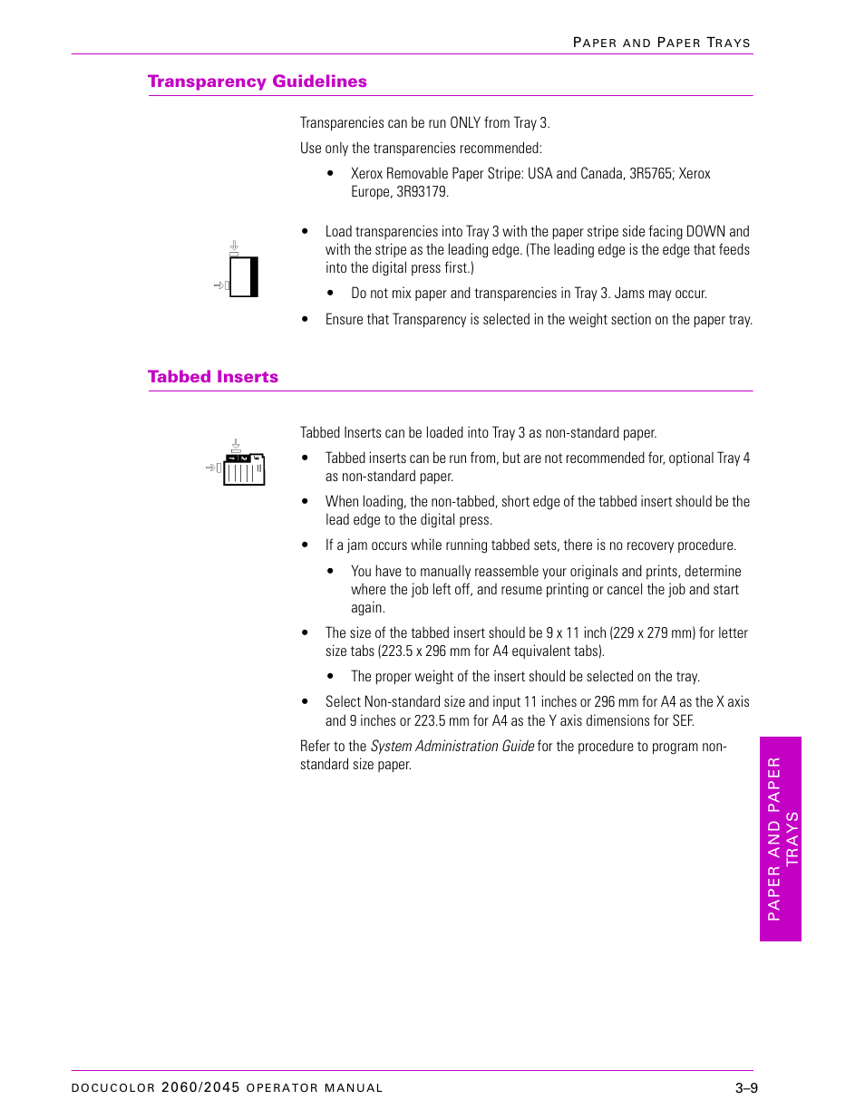 Transparency guidelines, Tabbed inserts, Transparency guidelines –9 | Tabbed inserts –9 | Xerox DocuColor 2060 User Manual | Page 101 / 340