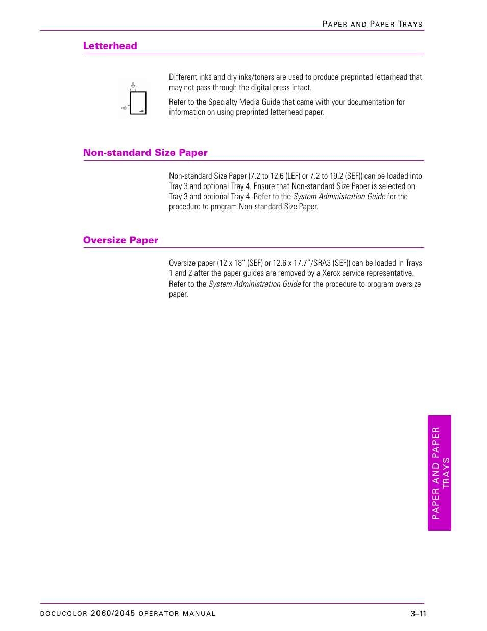 Letterhead, Non-standard size paper, Oversize paper | Letterhead –11, Non-standard size paper –11, Oversize paper –11 | Xerox DocuColor 2060 User Manual | Page 103 / 340