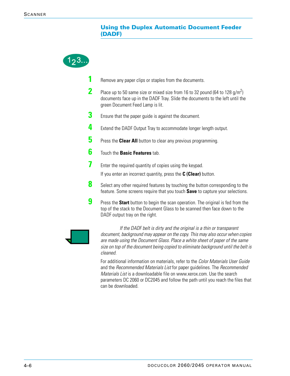 Using the duplex automatic document feeder (dadf) | Xerox DocuColor 2060 User Manual | Page 116 / 340