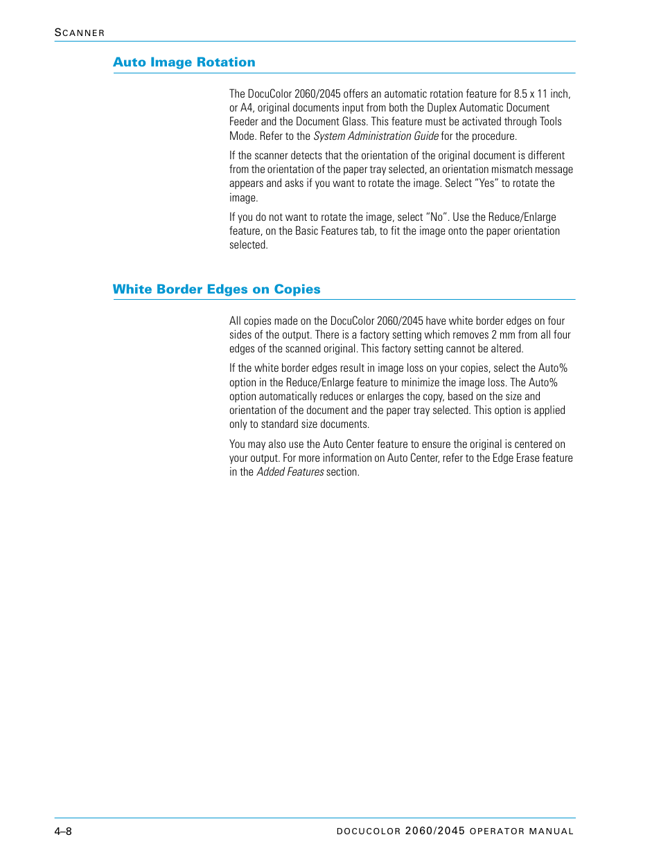 Auto image rotation, White border edges on copies, Auto image rotation –8 | White border edges on copies –8 | Xerox DocuColor 2060 User Manual | Page 118 / 340