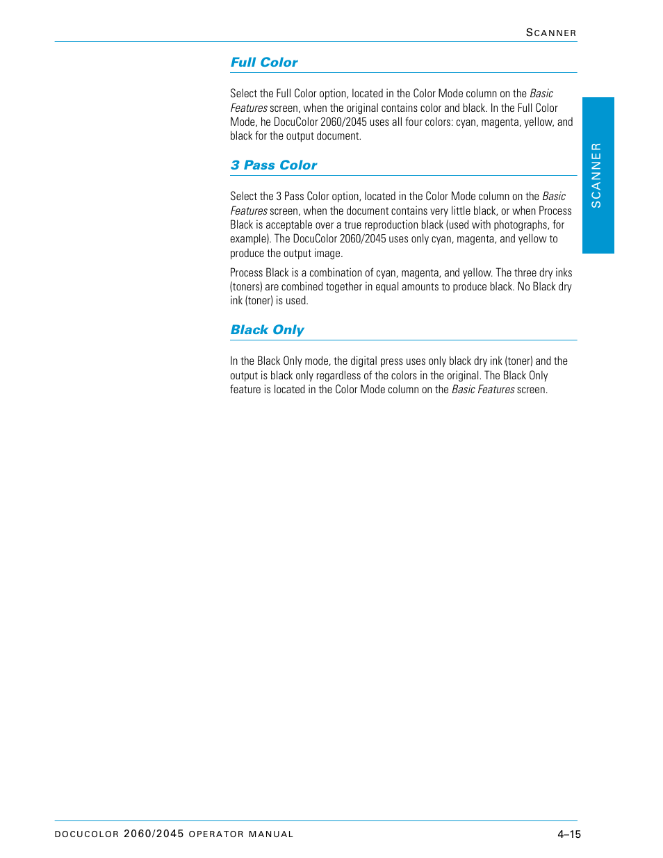 Full color, 3 pass color, Black only | Full color –15, 3 pass color –15, Black only –15 | Xerox DocuColor 2060 User Manual | Page 125 / 340