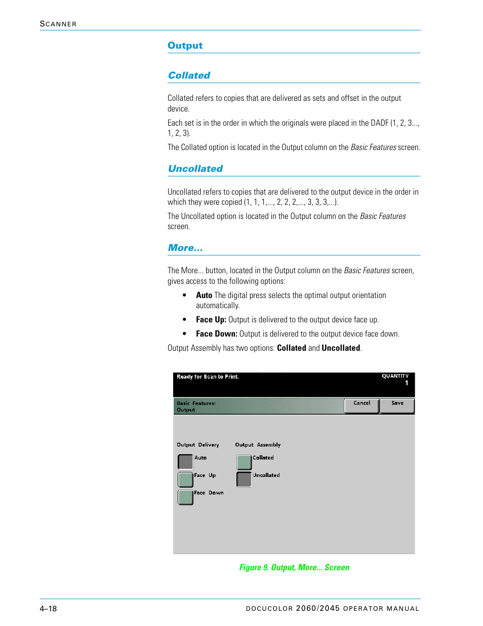 Output, Collated, Uncollated | More, Output –18, Collated –18, Uncollated –18, More –18 | Xerox DocuColor 2060 User Manual | Page 128 / 340