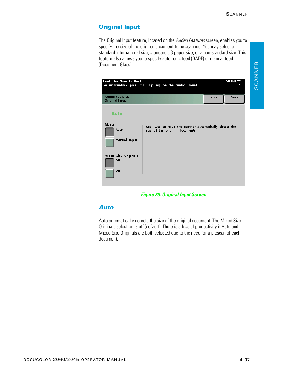 Original input, Auto, Original input –37 | Auto –37 | Xerox DocuColor 2060 User Manual | Page 147 / 340