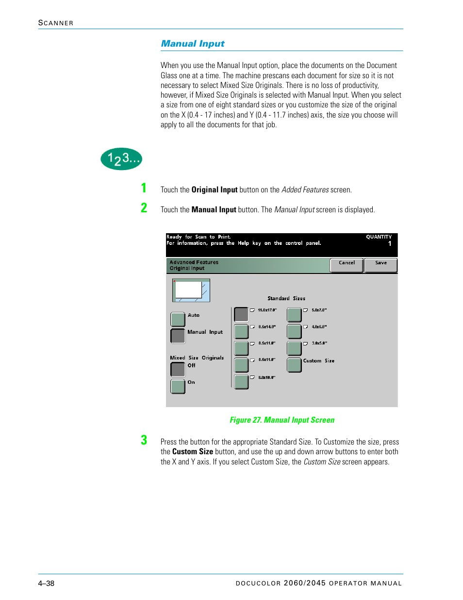 Manual input, Manual input –38 | Xerox DocuColor 2060 User Manual | Page 148 / 340