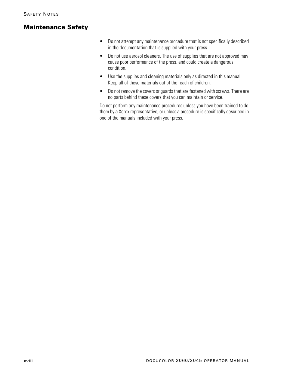Maintenance safety | Xerox DocuColor 2060 User Manual | Page 18 / 340