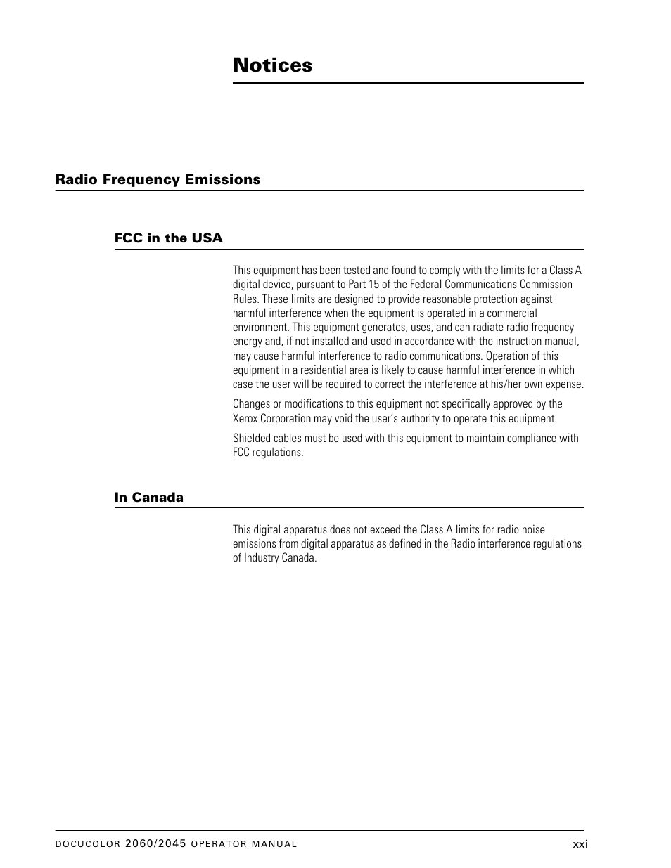 Notices, Radio frequency emissions, Fcc in the usa | In canada | Xerox DocuColor 2060 User Manual | Page 21 / 340