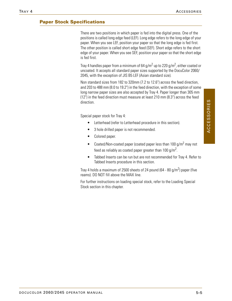 Paper stock specifications, Paper stock specifications –5 | Xerox DocuColor 2060 User Manual | Page 217 / 340