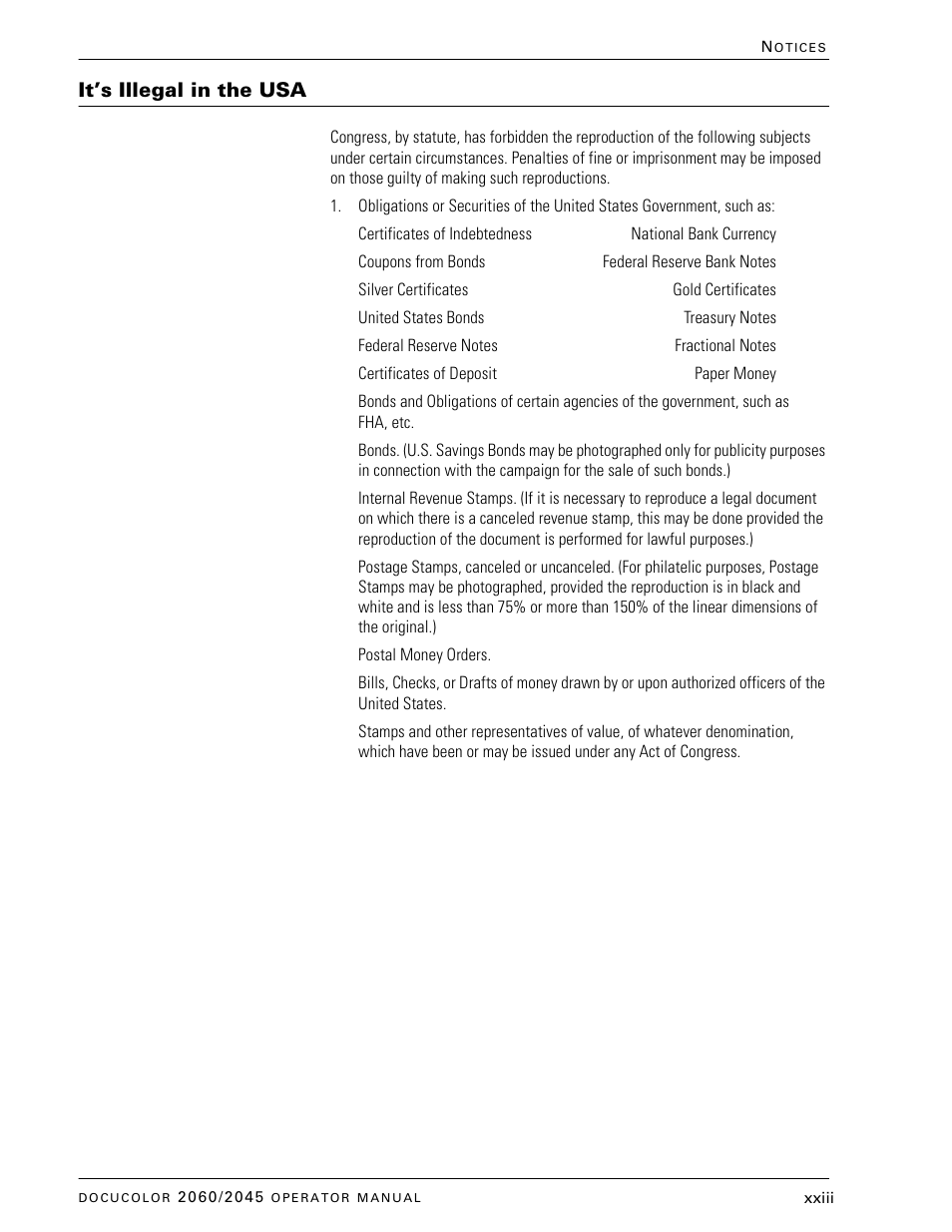 It’s illegal in the usa | Xerox DocuColor 2060 User Manual | Page 23 / 340