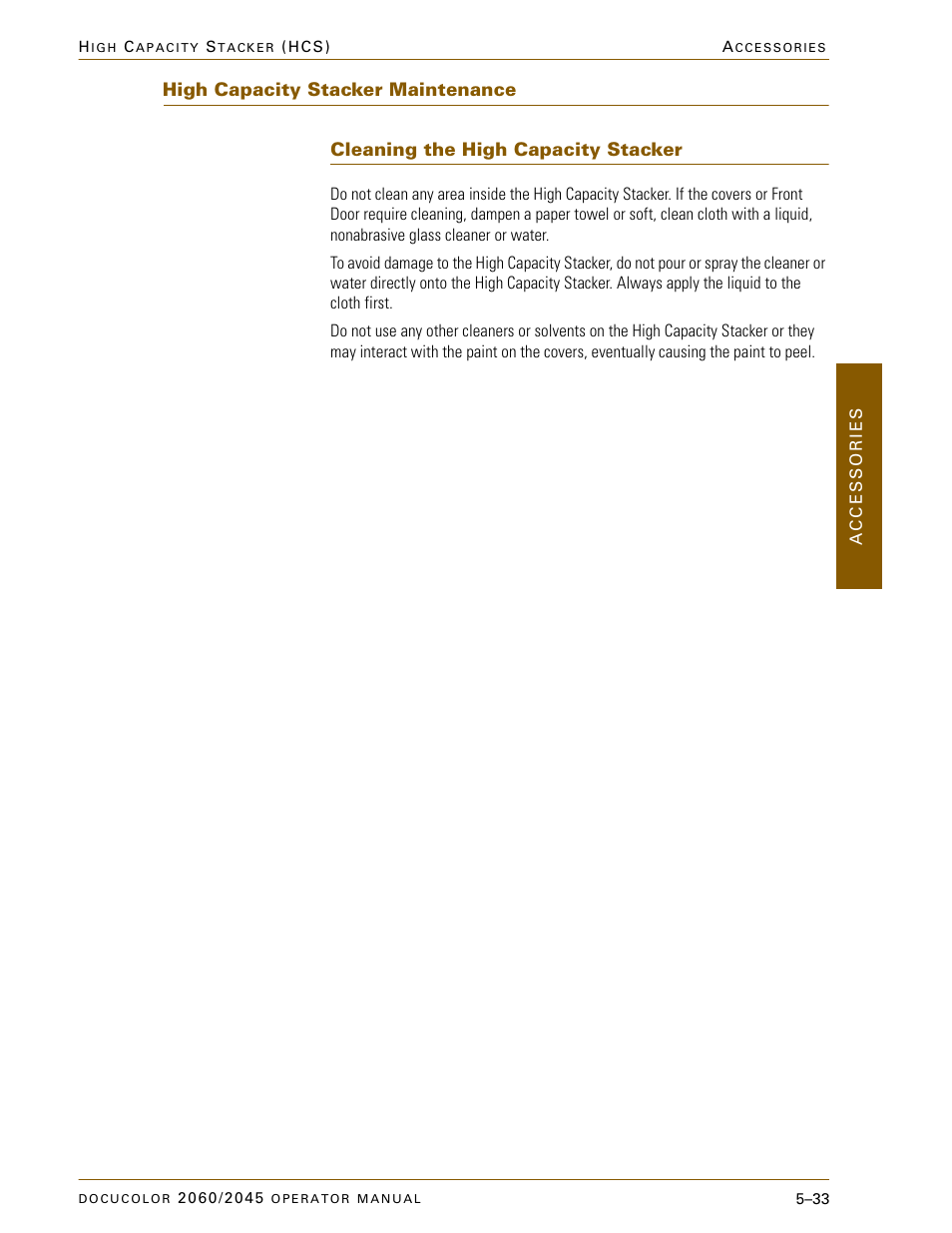 High capacity stacker maintenance, Cleaning the high capacity stacker, High capacity stacker maintenance –33 | Cleaning the high capacity stacker –33 | Xerox DocuColor 2060 User Manual | Page 245 / 340