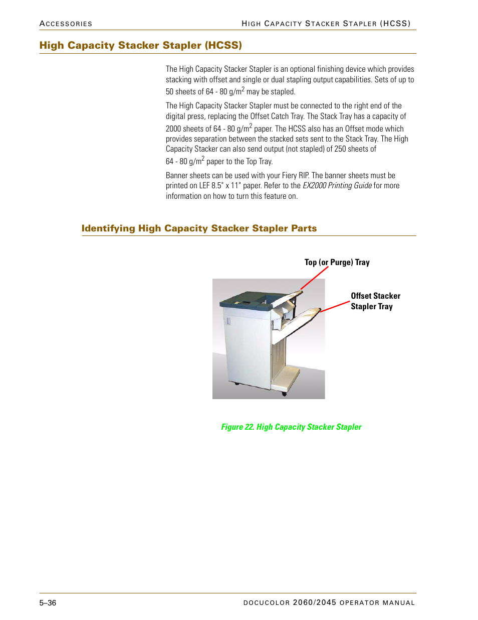 High capacity stacker stapler (hcss), Identifying high capacity stacker stapler parts, High capacity stacker stapler (hcss) –36 | Xerox DocuColor 2060 User Manual | Page 248 / 340