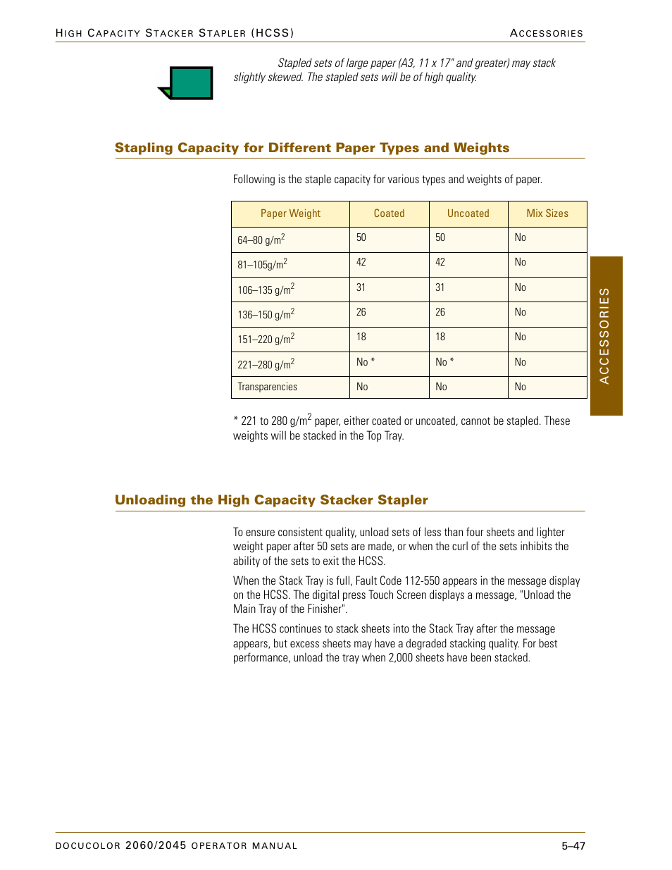 Unloading the high capacity stacker stapler, Unloading the high capacity stacker stapler –47 | Xerox DocuColor 2060 User Manual | Page 259 / 340