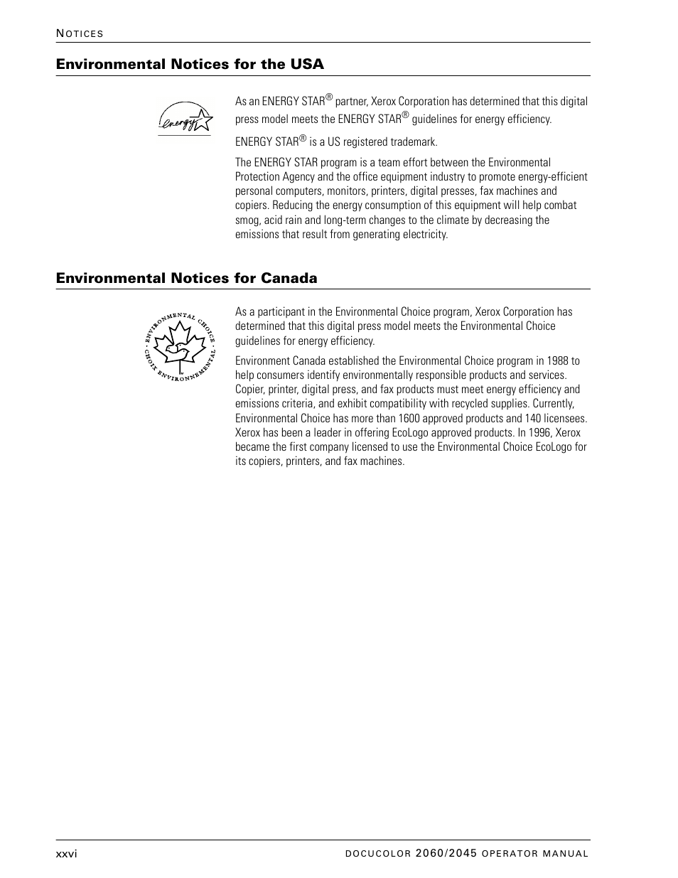 Environmental notices for the usa, Environmental notices for canada | Xerox DocuColor 2060 User Manual | Page 26 / 340