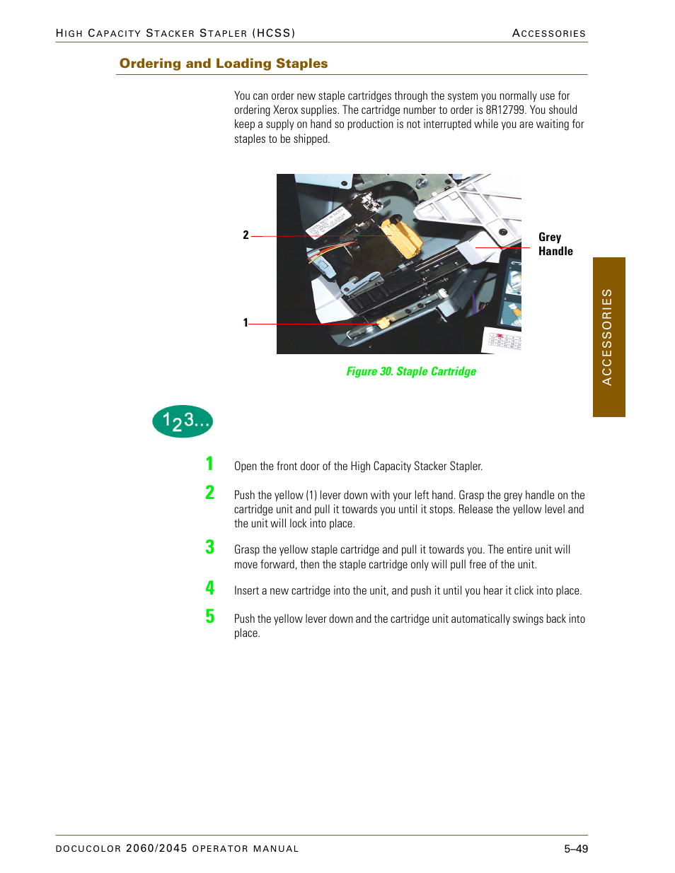 Ordering and loading staples, Ordering and loading staples –49 | Xerox DocuColor 2060 User Manual | Page 261 / 340