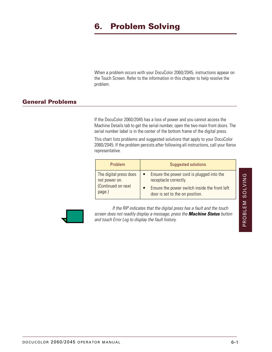 Problem solving, General problems, General problems –1 | Xerox DocuColor 2060 User Manual | Page 267 / 340
