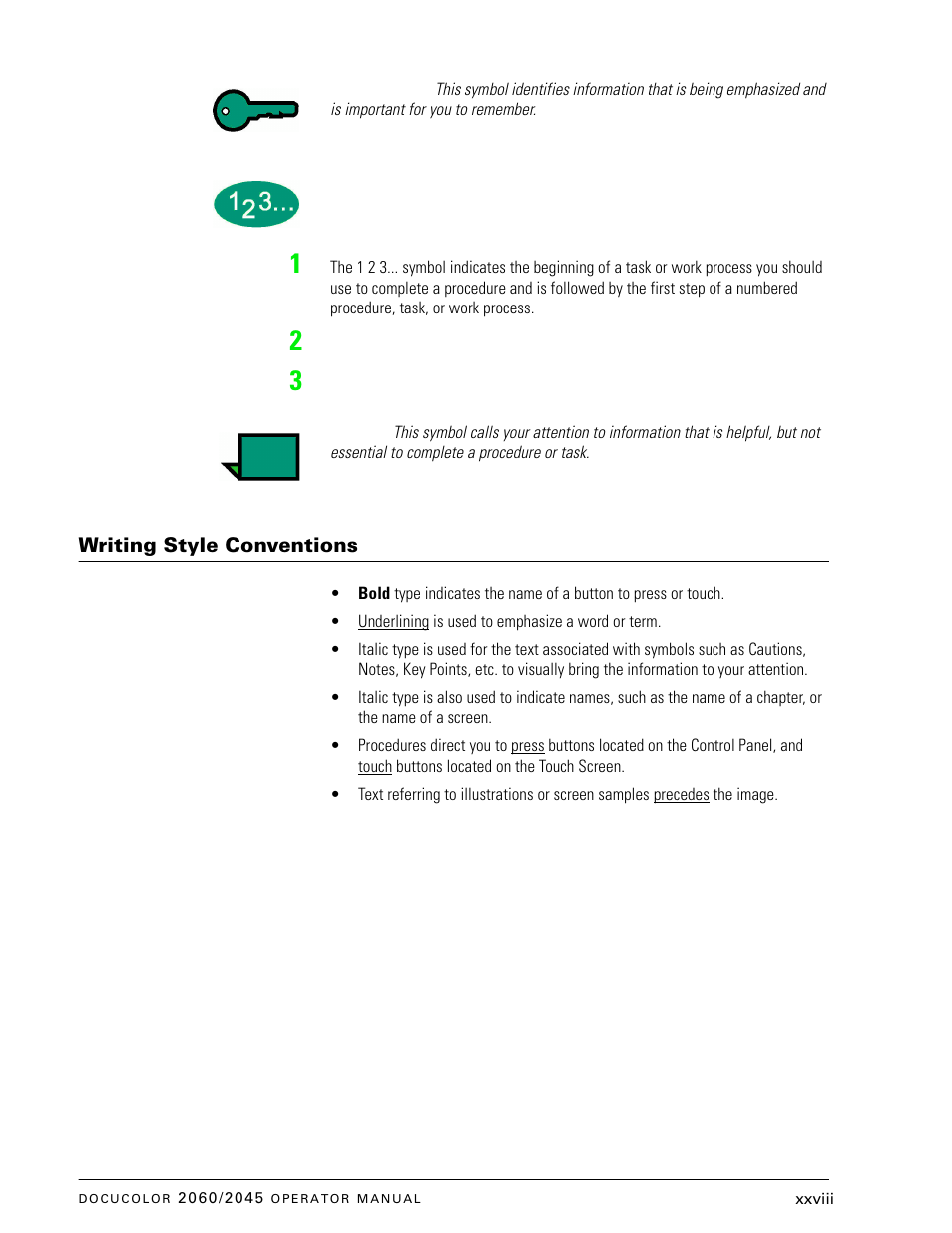 Writing style conventions | Xerox DocuColor 2060 User Manual | Page 28 / 340