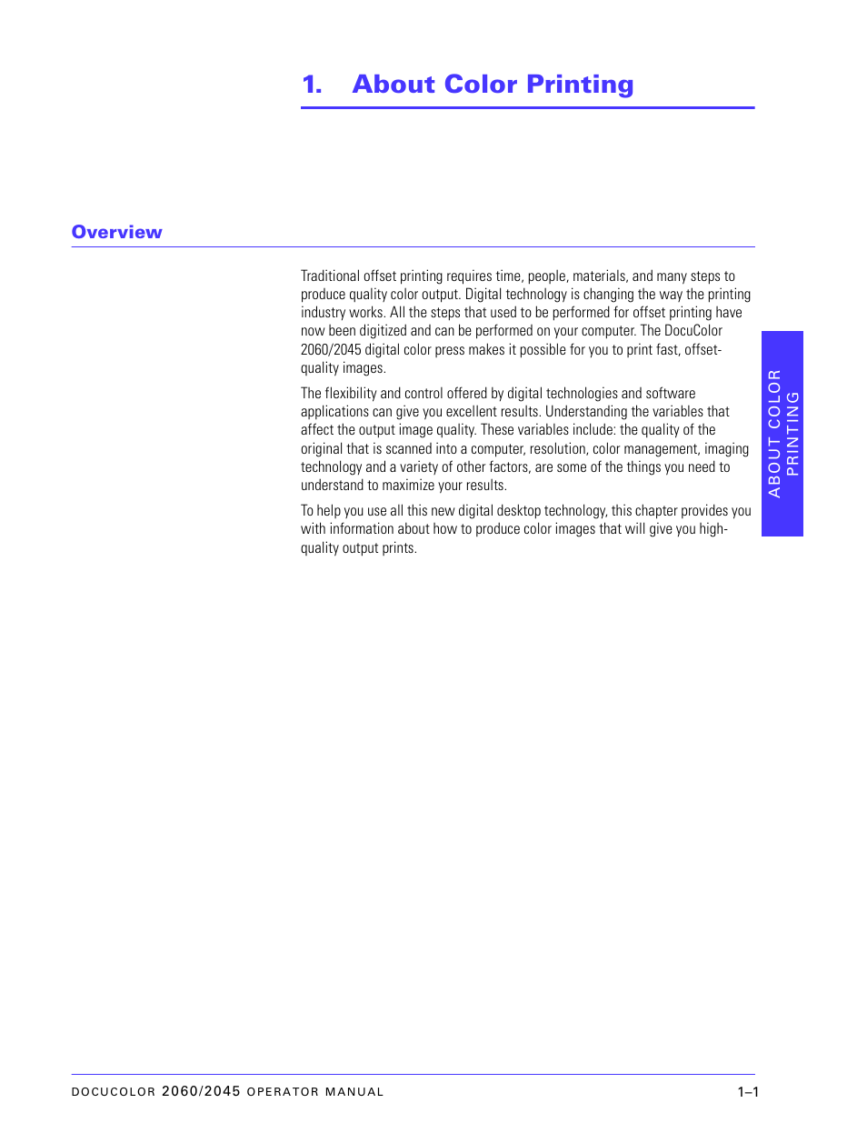 About color printing, Overview, Overview –1 | Xerox DocuColor 2060 User Manual | Page 29 / 340