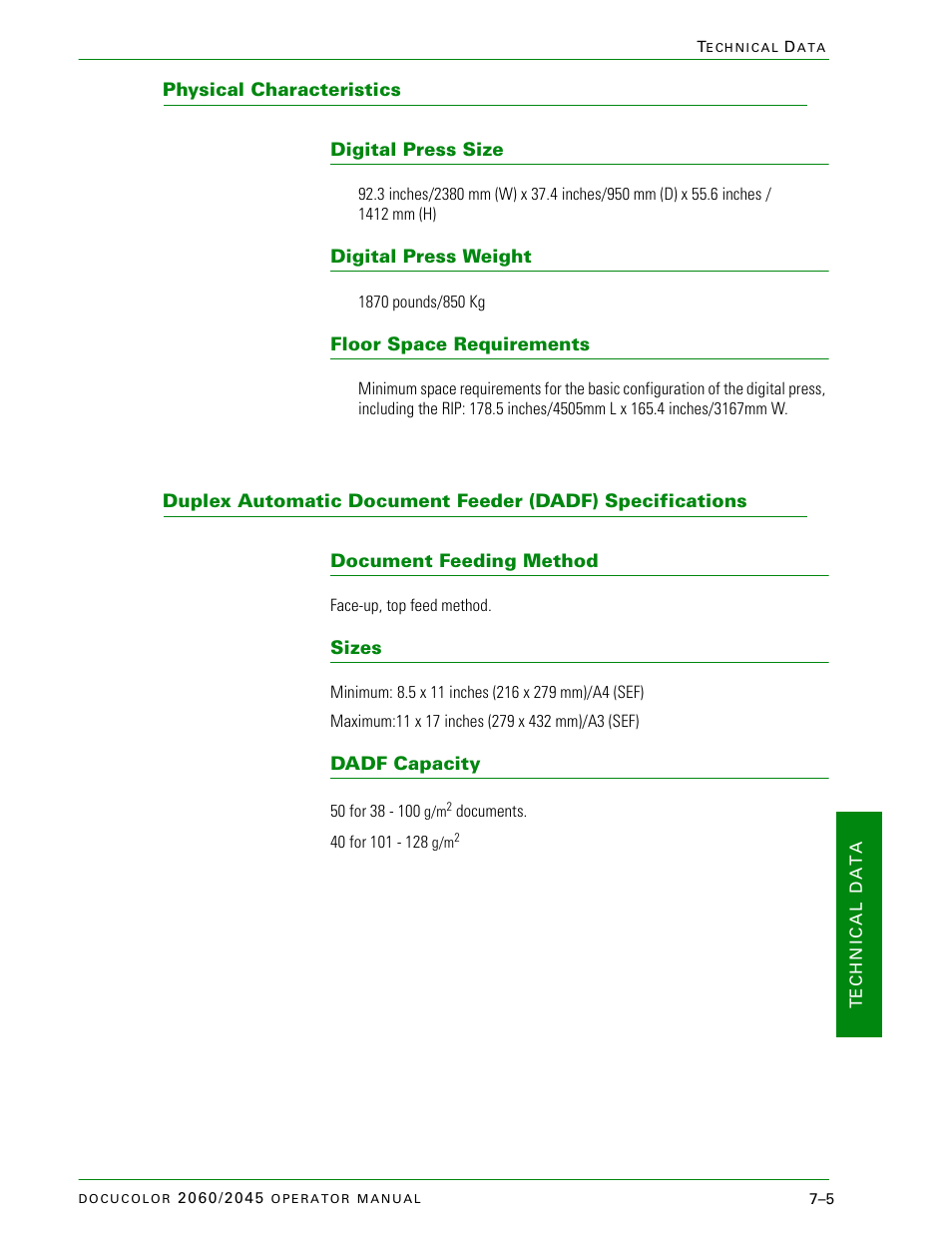 Physical characteristics, Digital press size, Digital press weight | Floor space requirements, Document feeding method, Sizes, Dadf capacity, Physical characteristics –5, Digital press size –5, Digital press weight –5 | Xerox DocuColor 2060 User Manual | Page 301 / 340