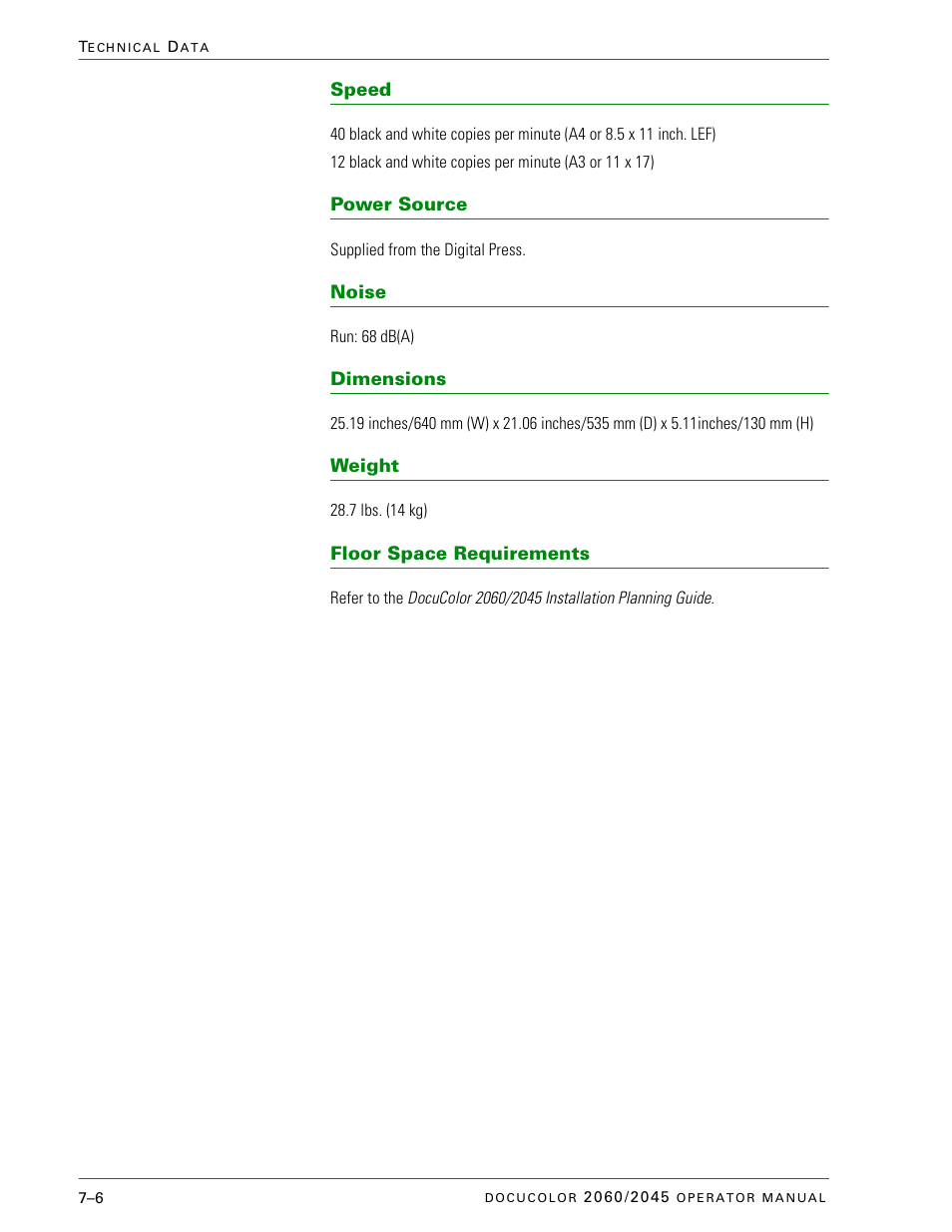Speed, Power source, Noise | Dimensions, Weight, Floor space requirements, Speed –6, Power source –6, Noise –6, Dimensions –6 | Xerox DocuColor 2060 User Manual | Page 302 / 340
