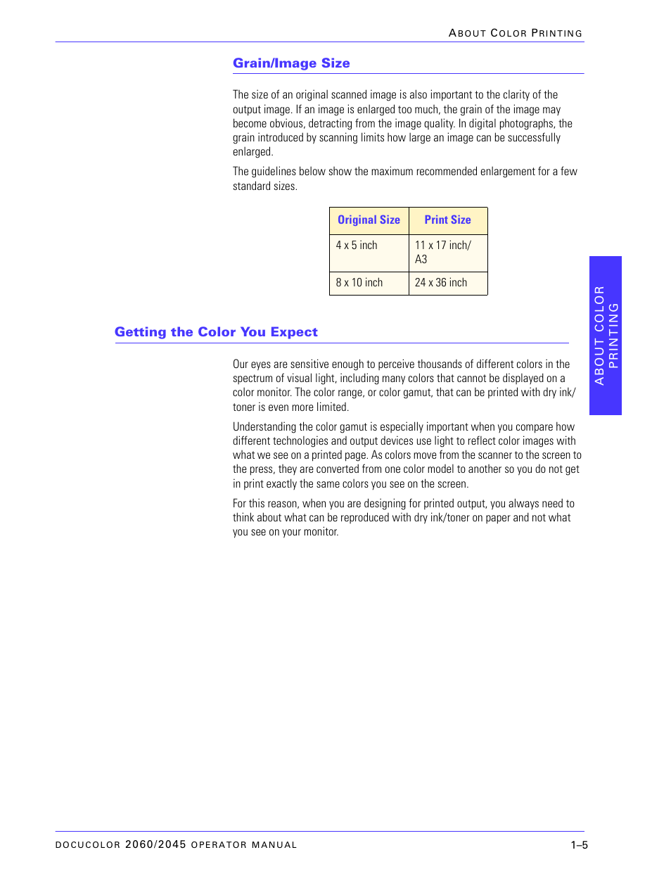 Grain/image size, Getting the color you expect, Grain/image size –5 | Getting the color you expect –5 | Xerox DocuColor 2060 User Manual | Page 33 / 340