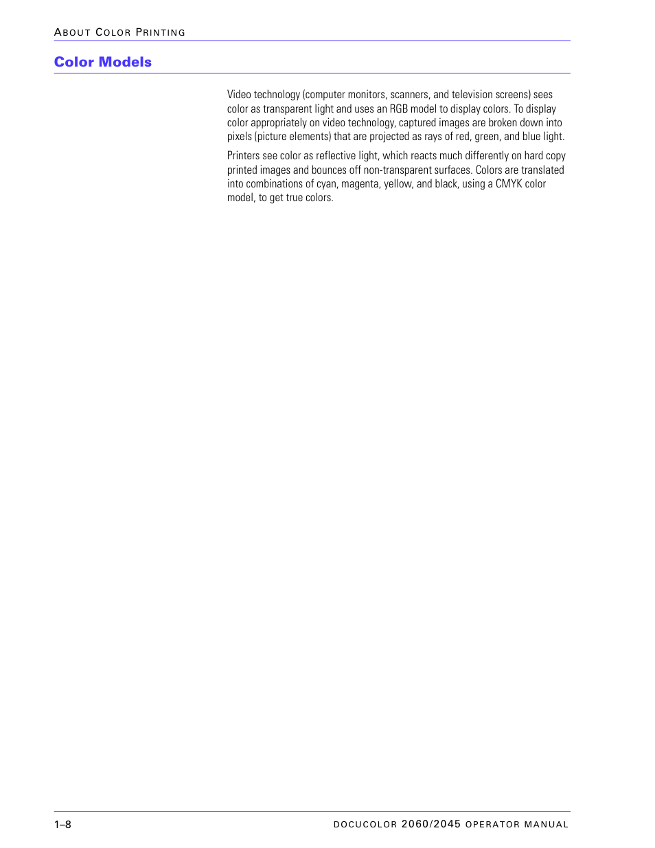 Color models, Color models –8 | Xerox DocuColor 2060 User Manual | Page 36 / 340