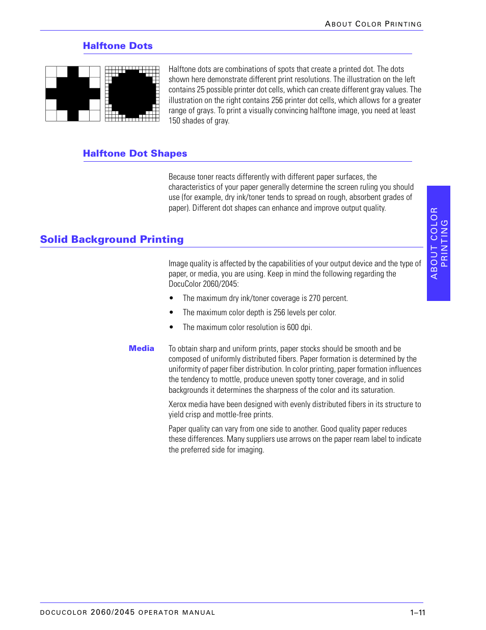 Halftone dots, Halftone dot shapes, Solid background printing | Halftone dots –11, Halftone dot shapes –11, Solid background printing –11 | Xerox DocuColor 2060 User Manual | Page 39 / 340