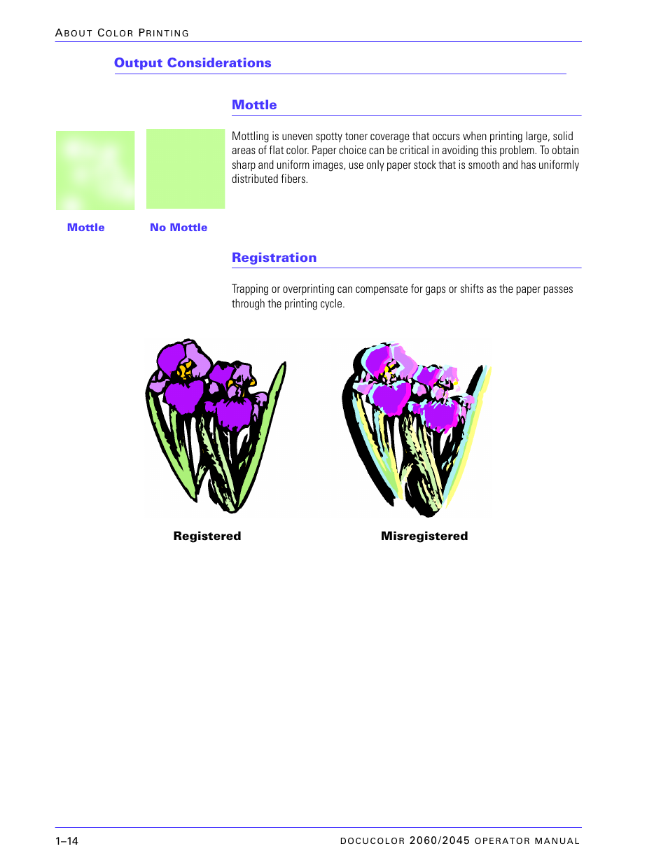 Output considerations, Mottle, Registration | Output considerations –14, Mottle –14, Registration –14 | Xerox DocuColor 2060 User Manual | Page 42 / 340