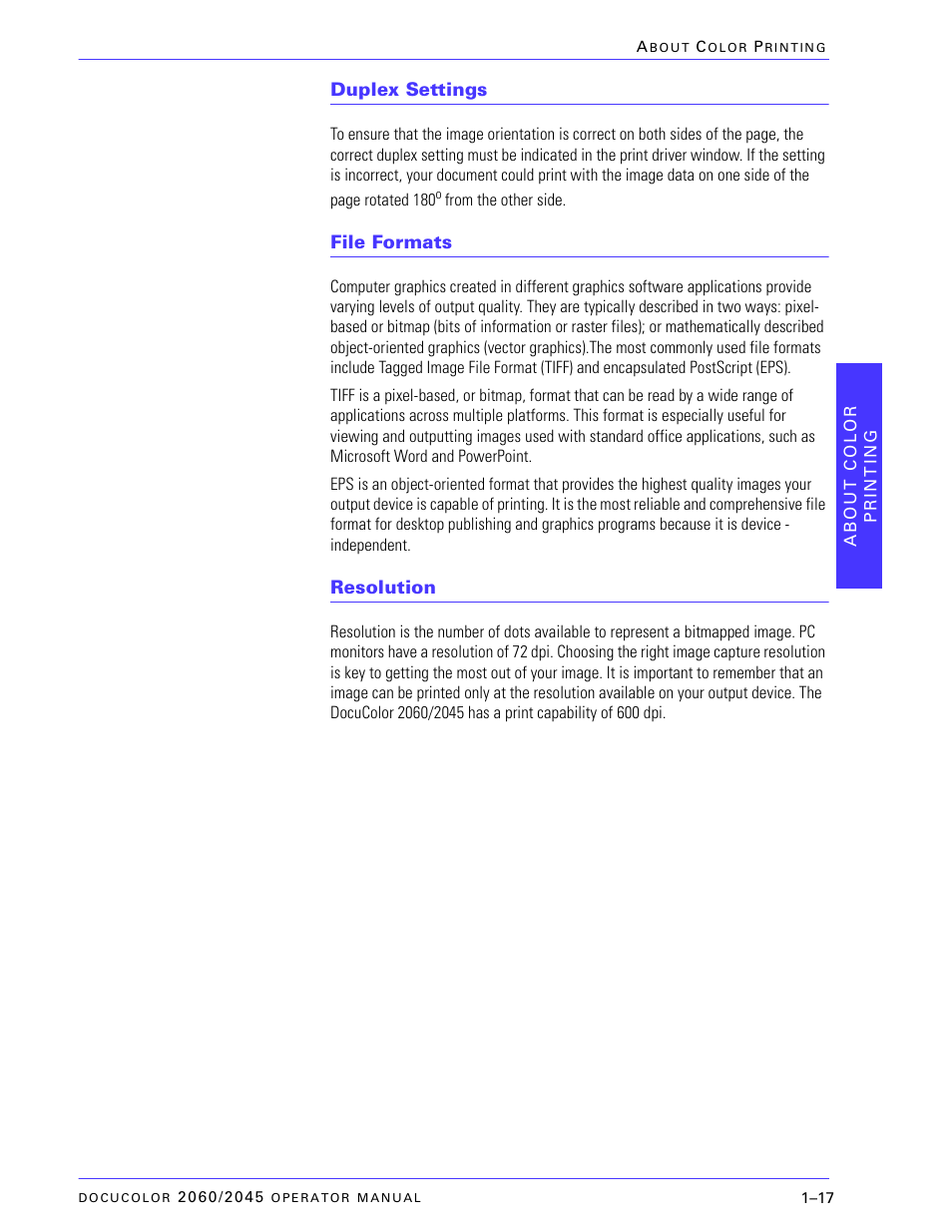 Duplex settings, File formats, Resolution | Duplex settings –17, File formats –17, Resolution –17 | Xerox DocuColor 2060 User Manual | Page 45 / 340
