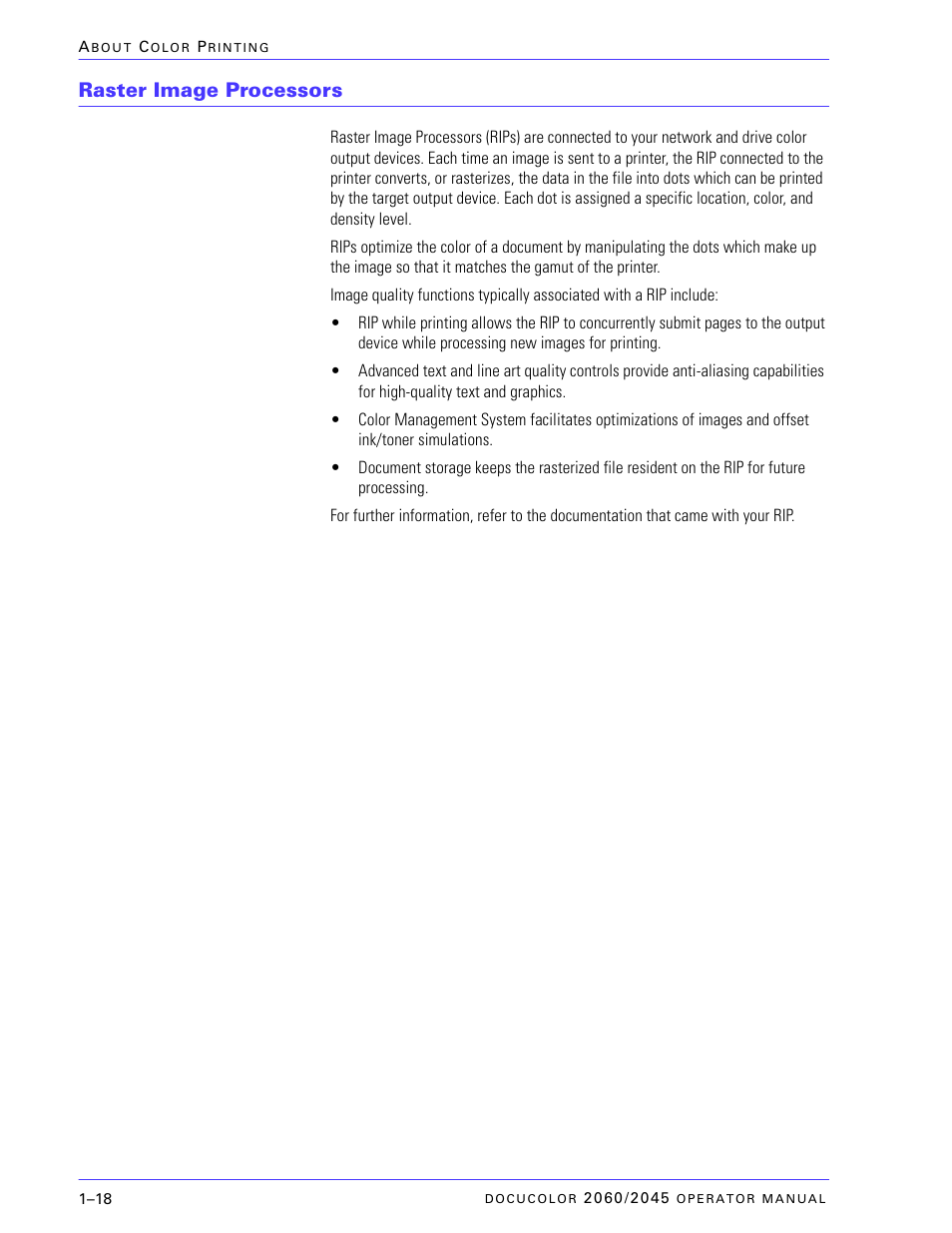 Raster image processors, Raster image processors –18 | Xerox DocuColor 2060 User Manual | Page 46 / 340
