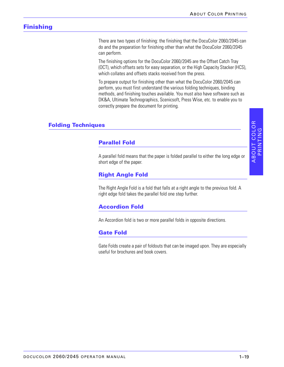 Finishing, Folding techniques, Parallel fold | Right angle fold, Accordion fold, Gate fold, Finishing –19, Folding techniques –19, Parallel fold –19, Right angle fold –19 | Xerox DocuColor 2060 User Manual | Page 47 / 340