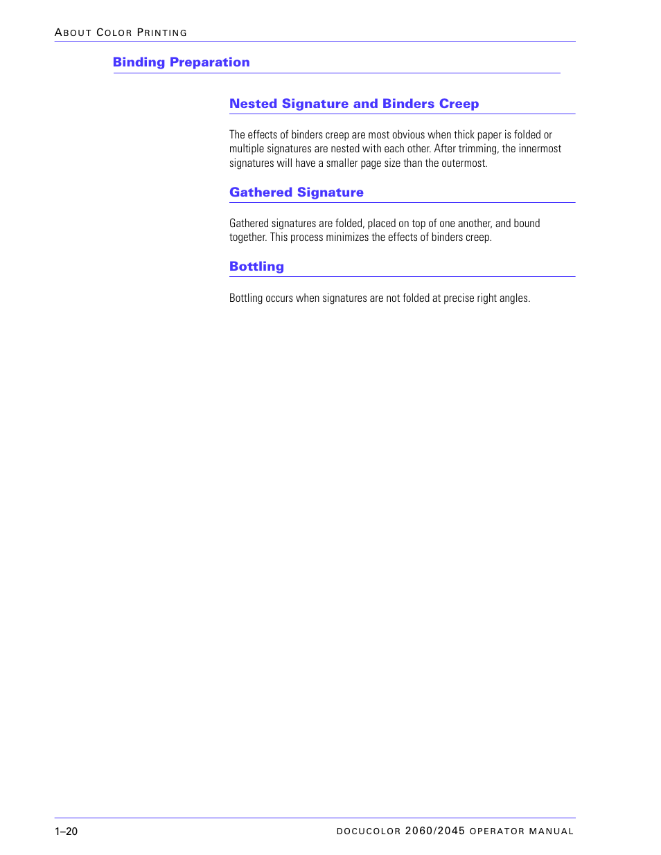 Binding preparation, Nested signature and binders creep, Gathered signature | Bottling, Binding preparation –20, Nested signature and binders creep –20, Gathered signature –20, Bottling –20 | Xerox DocuColor 2060 User Manual | Page 48 / 340