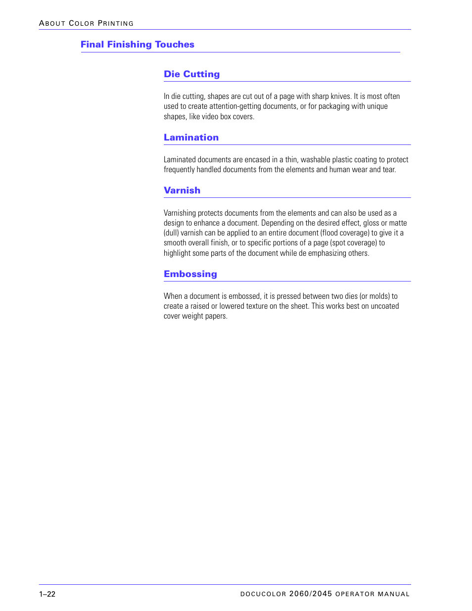 Final finishing touches, Die cutting, Lamination | Varnish, Embossing, Final finishing touches –22, Die cutting –22, Lamination –22, Varnish –22, Embossing –22 | Xerox DocuColor 2060 User Manual | Page 50 / 340