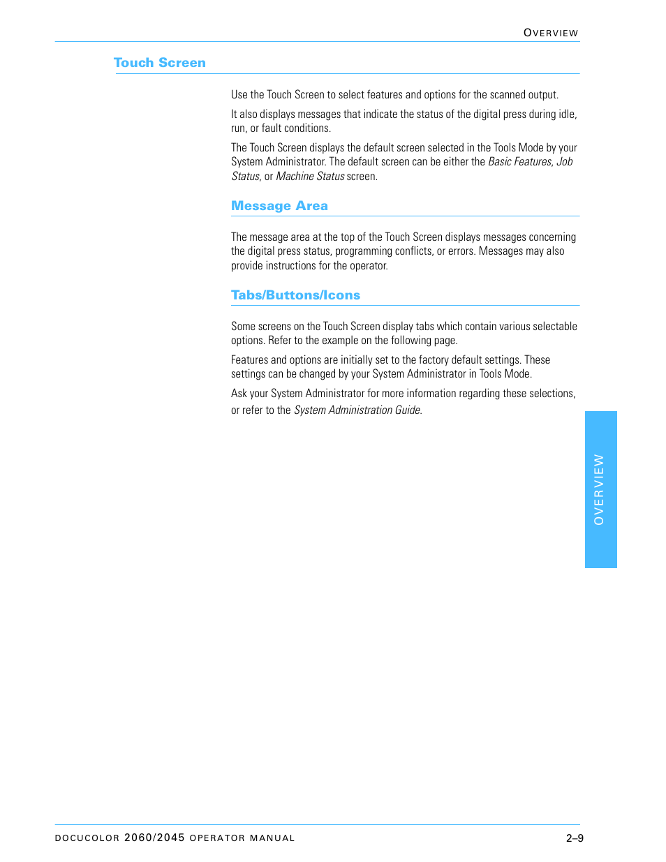 Touch screen, Message area, Tabs/buttons/icons | Touch screen –9, Message area –9, Tabs/buttons/icons –9 | Xerox DocuColor 2060 User Manual | Page 59 / 340