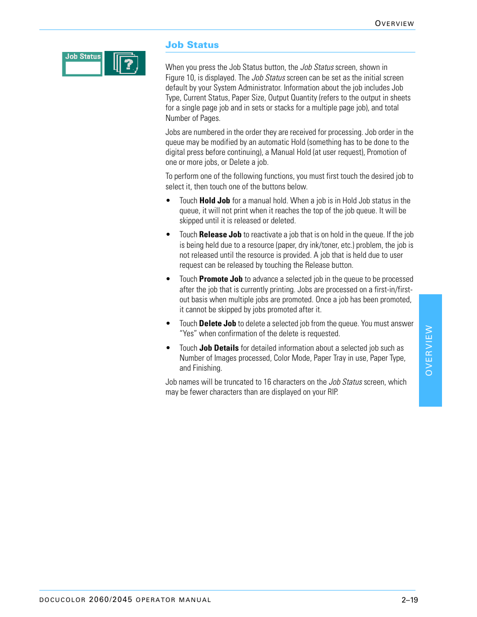 Job status, Job status –19 | Xerox DocuColor 2060 User Manual | Page 69 / 340