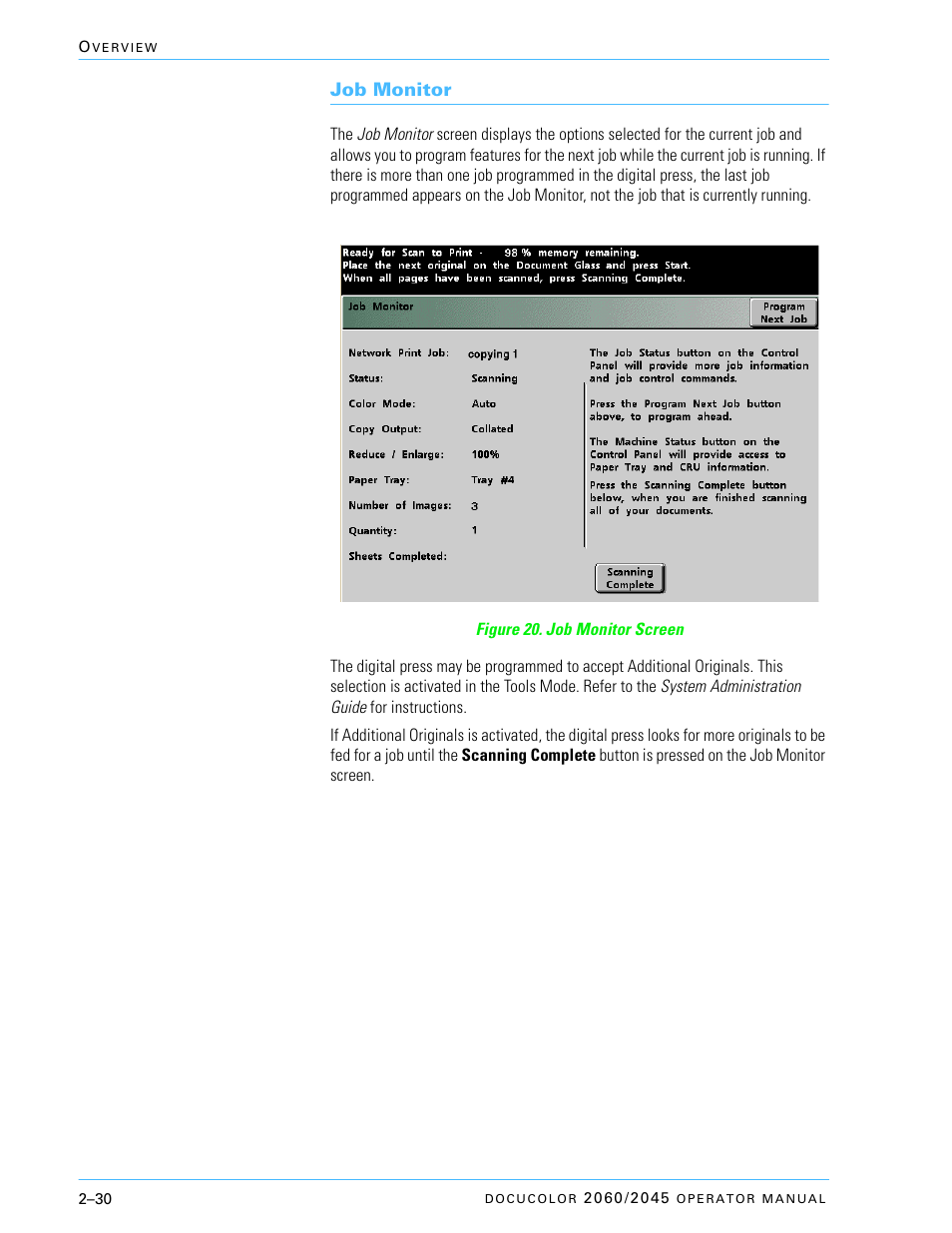 Job monitor, Job monitor –30 | Xerox DocuColor 2060 User Manual | Page 80 / 340