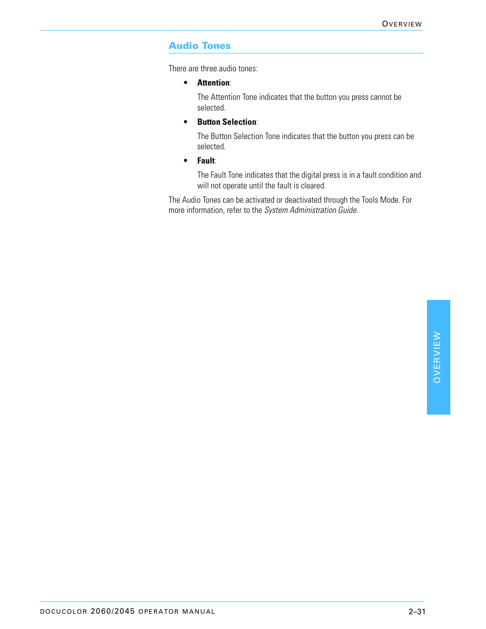 Audio tones, Audio tones –31 | Xerox DocuColor 2060 User Manual | Page 81 / 340