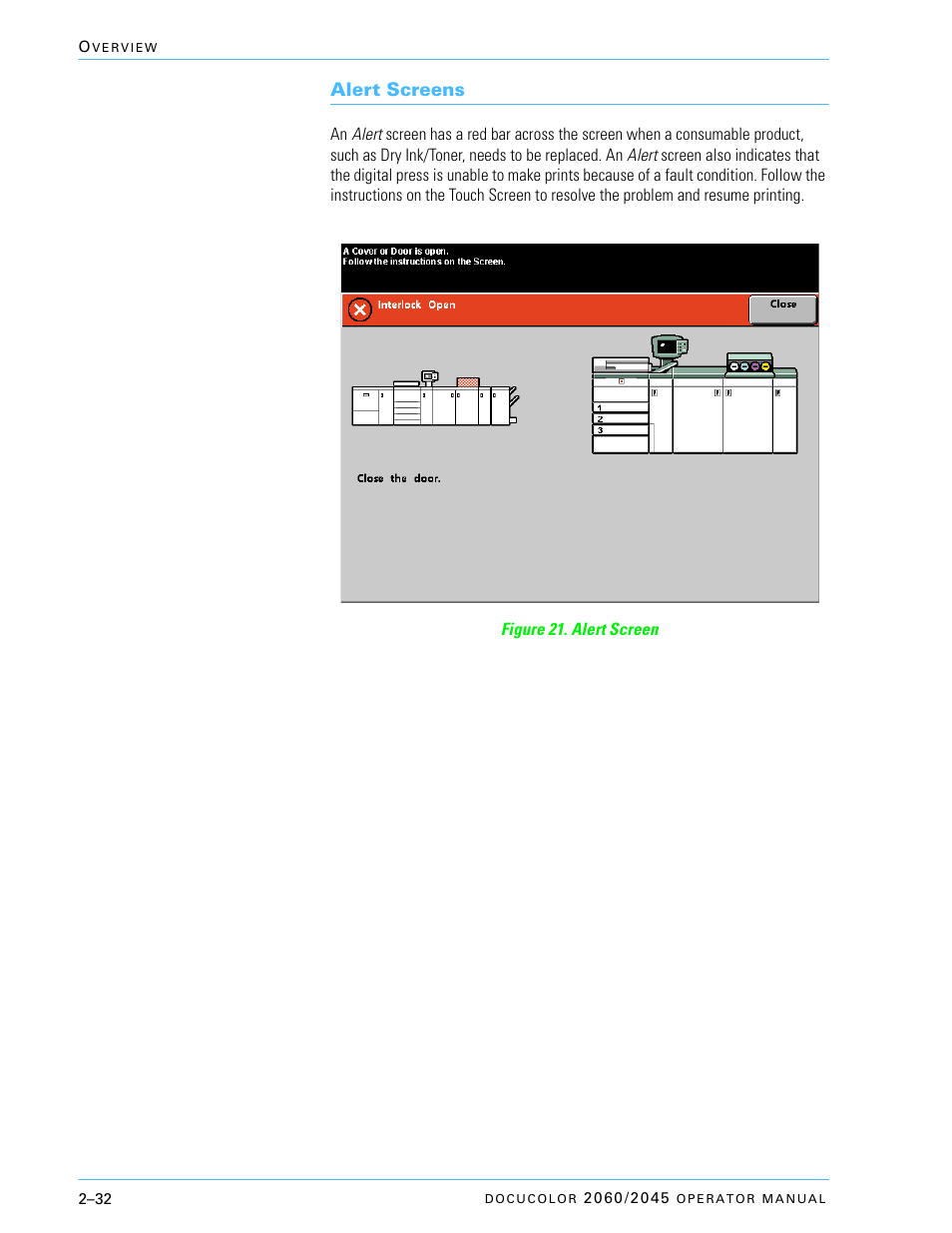 Alert screens, Alert screens –32 | Xerox DocuColor 2060 User Manual | Page 82 / 340