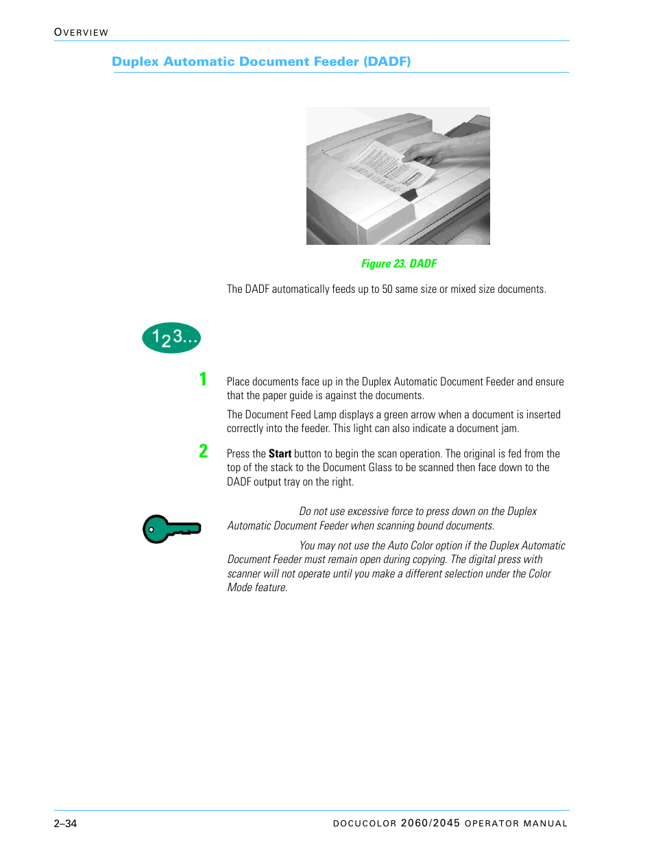 Duplex automatic document feeder (dadf), Duplex automatic document feeder (dadf) –34 | Xerox DocuColor 2060 User Manual | Page 84 / 340