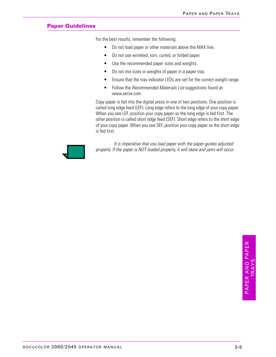 Paper guidelines, Paper guidelines –5 | Xerox DocuColor 2060 User Manual | Page 97 / 340