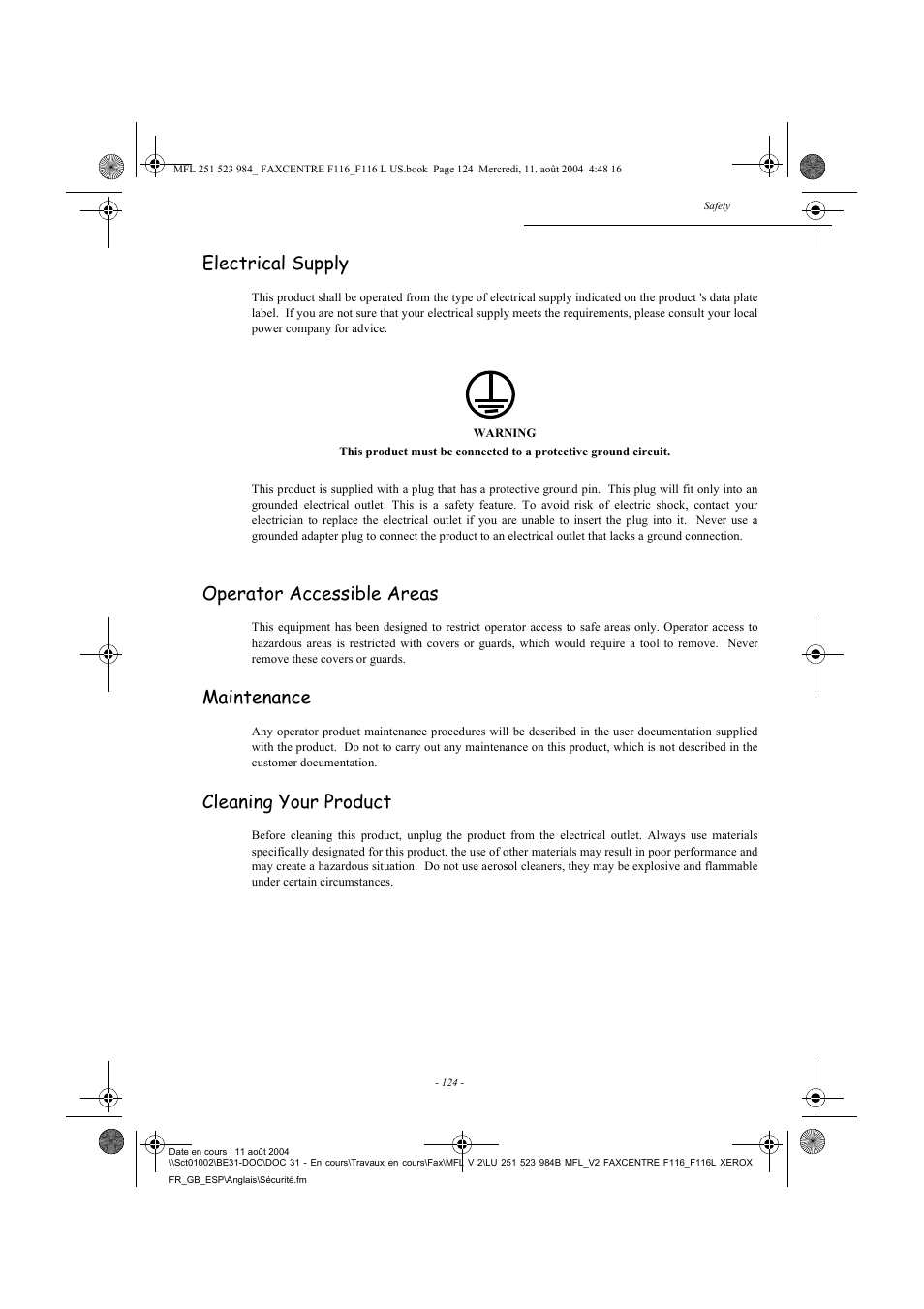 Electrical supply, Operator accessible areas, Maintenance | Cleaning your product | Xerox FaxCentre F116 User Manual | Page 128 / 141