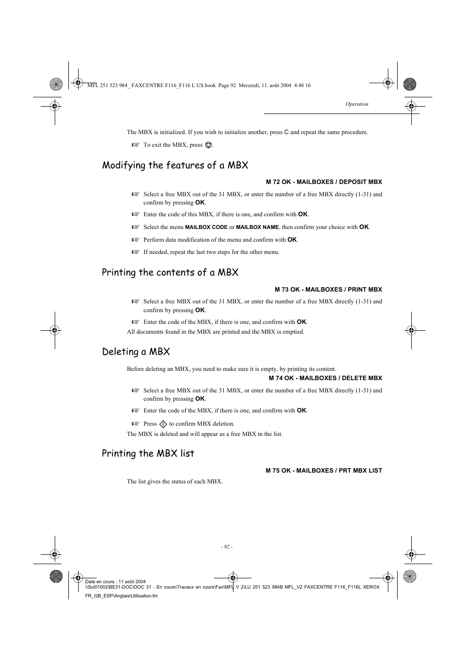 Modifying the features of a mbx, Printing the contents of a mbx, Deleting a mbx | Printing the mbx list | Xerox FaxCentre F116 User Manual | Page 96 / 141