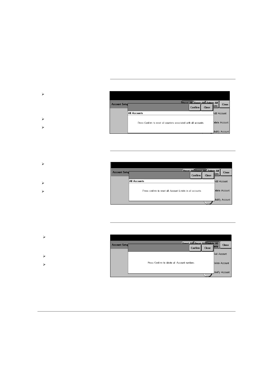 Reset all counters, Reset all limits, Delete all accounts | Xerox 432 User Manual | Page 369 / 466