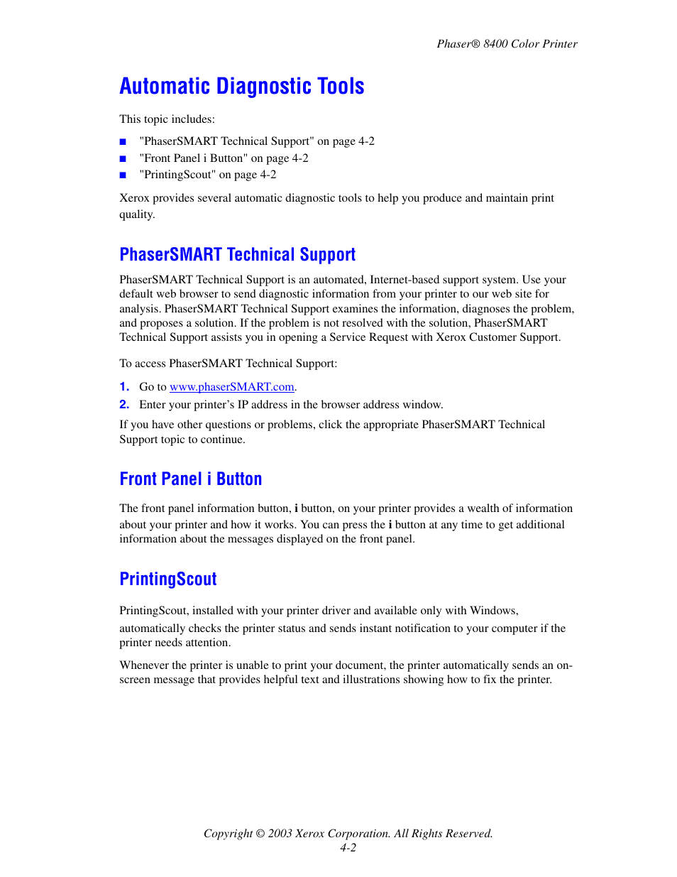Automatic diagnostic tools, Phasersmart technical support, Front panel i button | Printingscout, Automatic diagnostic tools -2 | Xerox Phaser Color Printer 8400 User Manual | Page 143 / 203