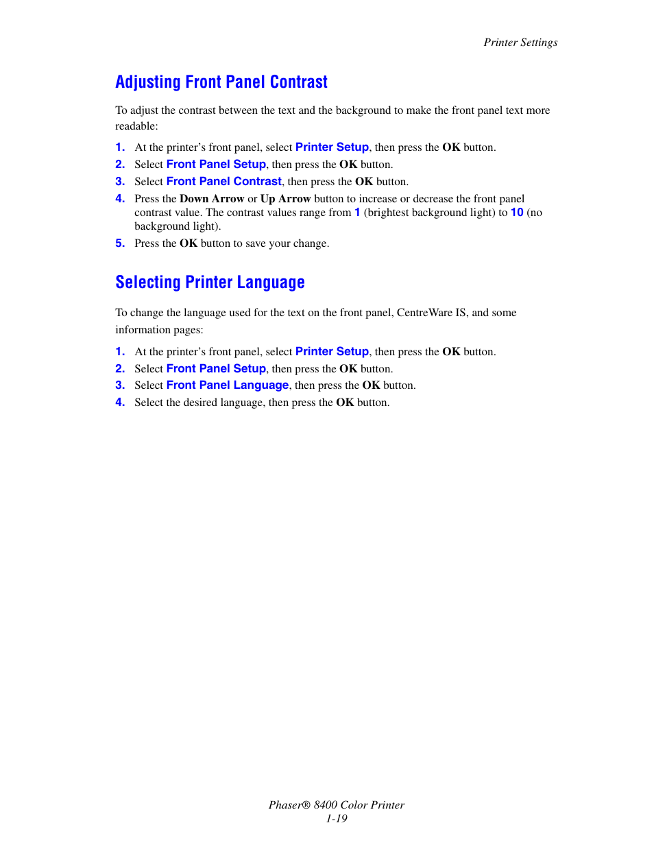 Adjusting front panel contrast, Selecting printer language | Xerox Phaser Color Printer 8400 User Manual | Page 26 / 203