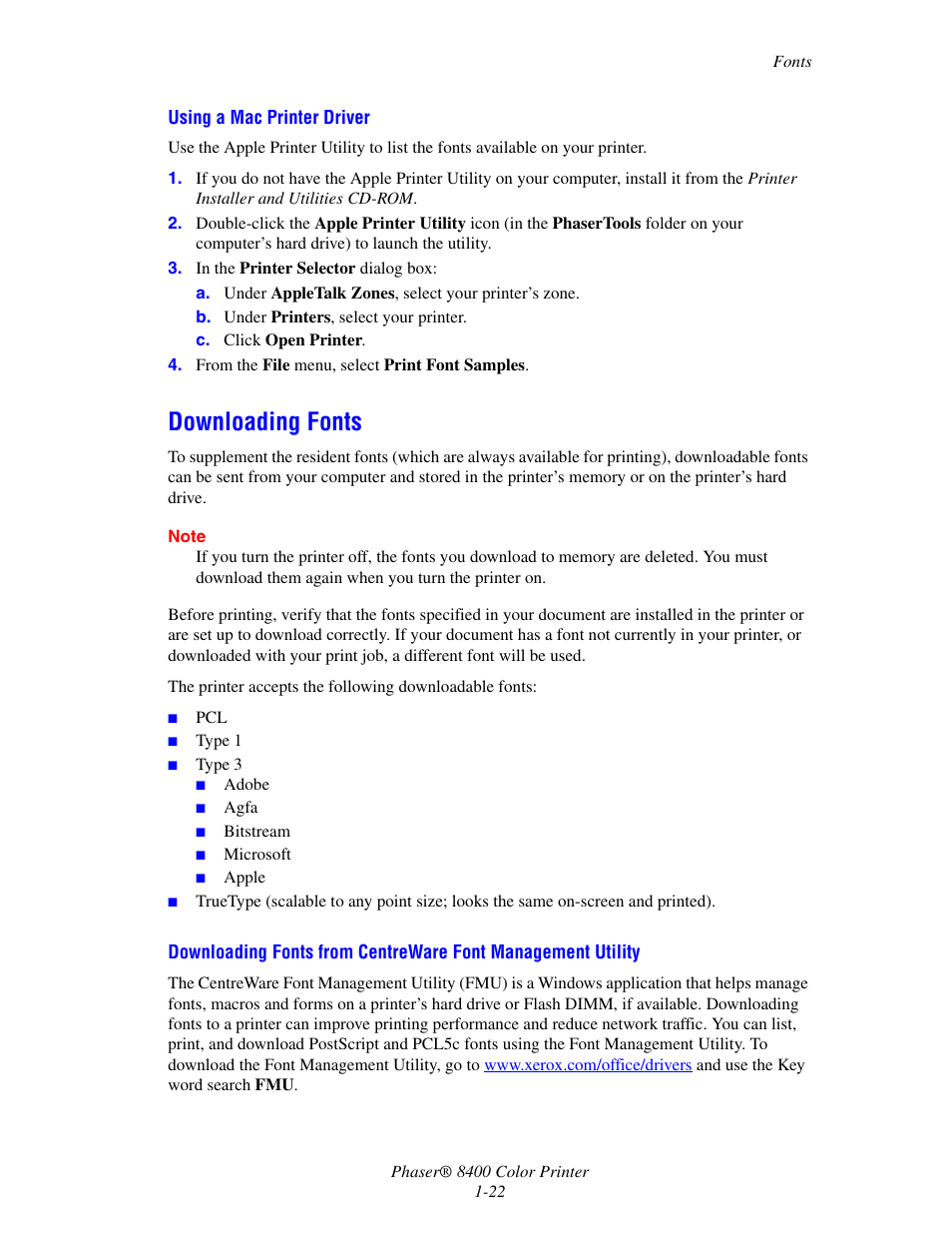 Downloading fonts, Downloading fonts -22 | Xerox Phaser Color Printer 8400 User Manual | Page 29 / 203